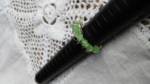 Wire wrapped green crystal ring