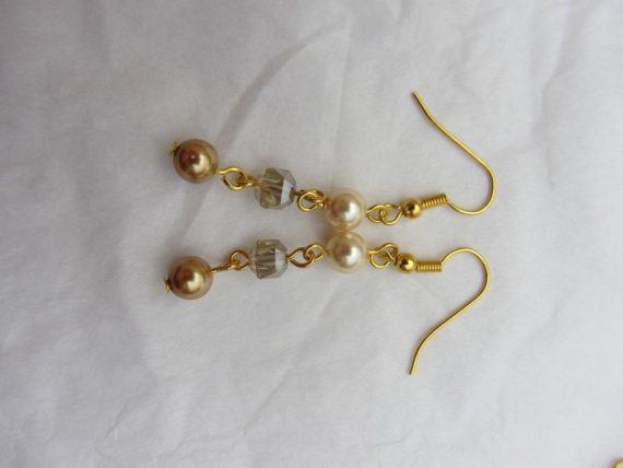 Gold plated 3 tier shell pearl and crystal necklace and earring set