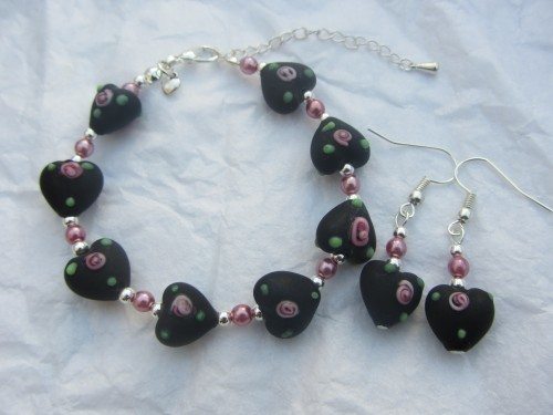 Romantic rose pink and black heart pearls silver plated bracelet and earrings