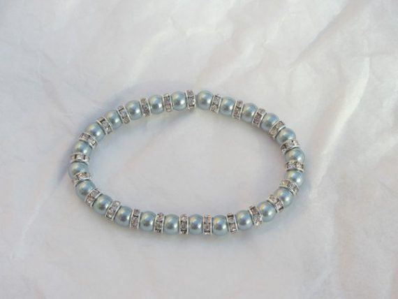 Light blue Shell Pearl elasticated bracelet with Rhinestine diamante spacer beads