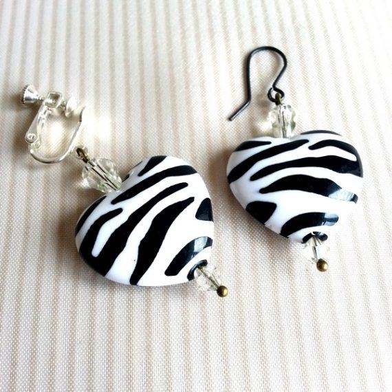 Zebra Heart Earrings for unpierced or pierced ears