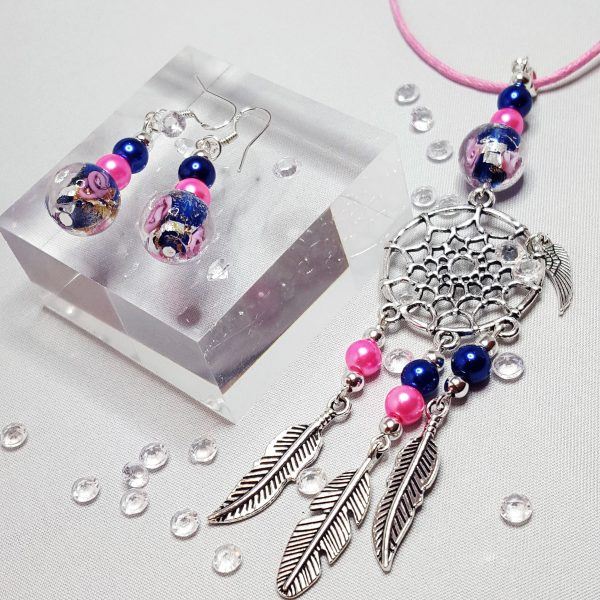 Dream Catcher Necklace and Beaded Earring Set Blue and Pink Rose Beads