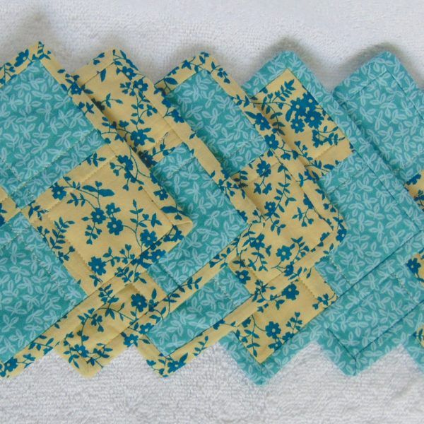 Set of 6 blue and yellow floral quilted fabric coasters