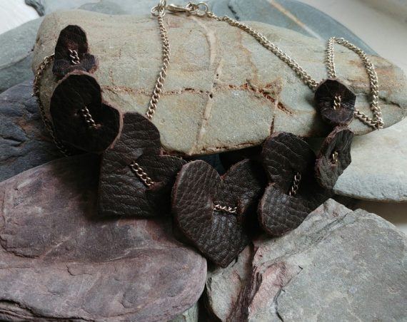 Brown leather hearts necklace