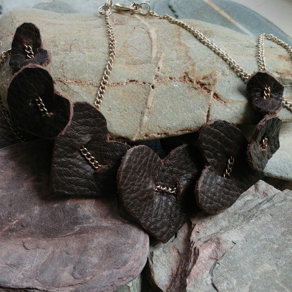 Brown leather hearts necklace