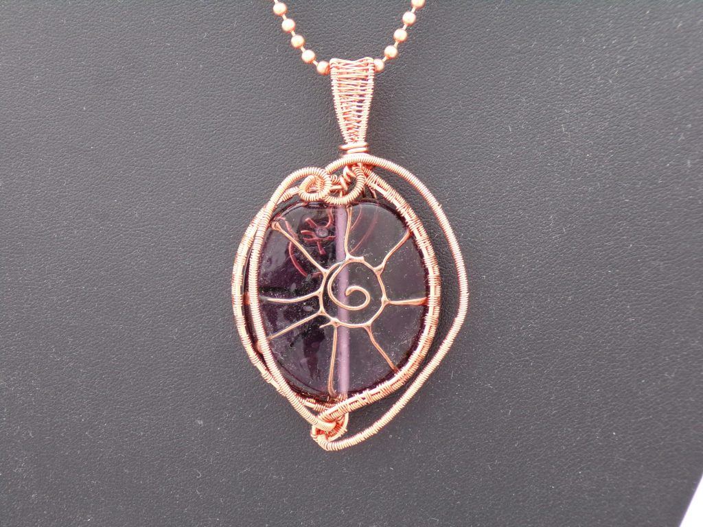 Purple sunshine burst glass heart wire work pendant and chain ...