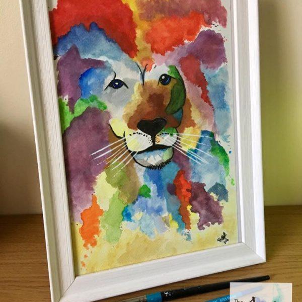 'The Colourful Lion' Original Signed A4 Framed Watercolour Painting