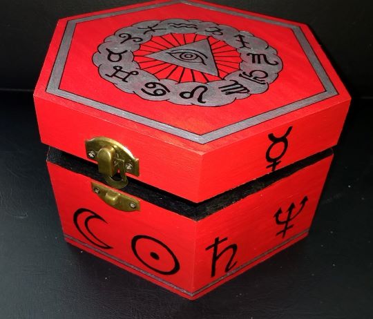 Hand Painted Red Hexagonal Astrology, Hand Painted Wooden Keepsake Boxes