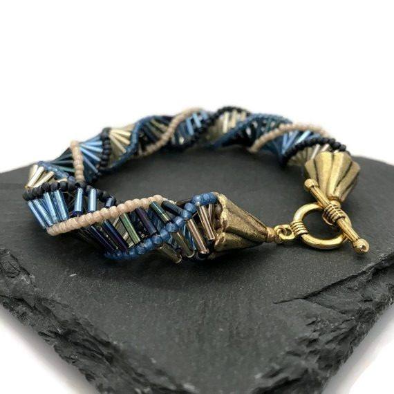 Blue and Gold Bugle Bead Russian Spiral Bracelet - Conscious Crafties