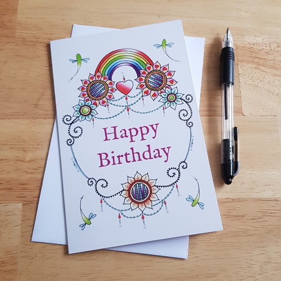 Happy Birthday Card Featuring Print Of Hand Drawn Doodle Design With Flowers 1 - Conscious Crafties